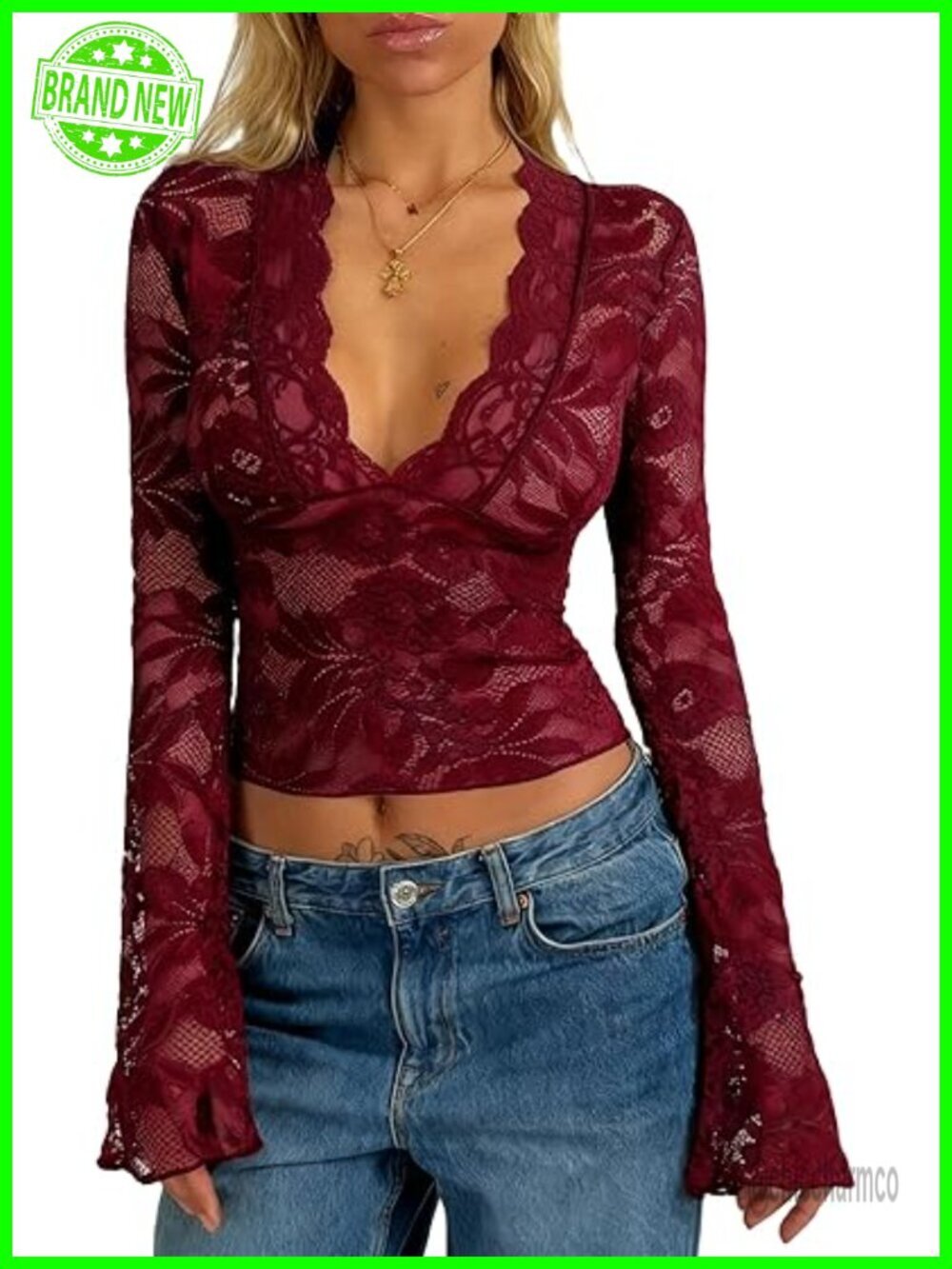 Sheer Lace Long Sleeve Crop Top Deep V-Neck Bell Sleeve Y2K Going Out Top